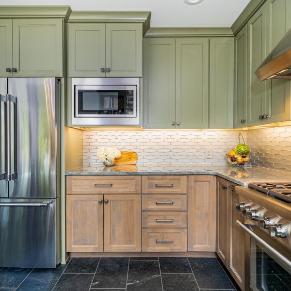 U Shaped Solid Wood Cupboard Kitchen Base Unit Cabinet And Pantry Green Shaker Style