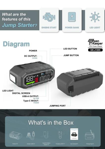 Pacote de reforço da bateria da motocicleta Jump Starter Power Bank com luz LED UltraSafe e 4000A