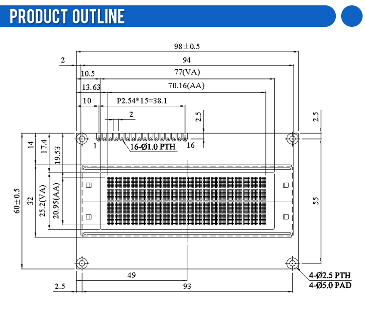 OLED002004A Black Film,Character LCD Module, WS0010-TX Controller, Parallel Port Interface, 77x25.2mm View Size, Working Temperature -40+80 Display