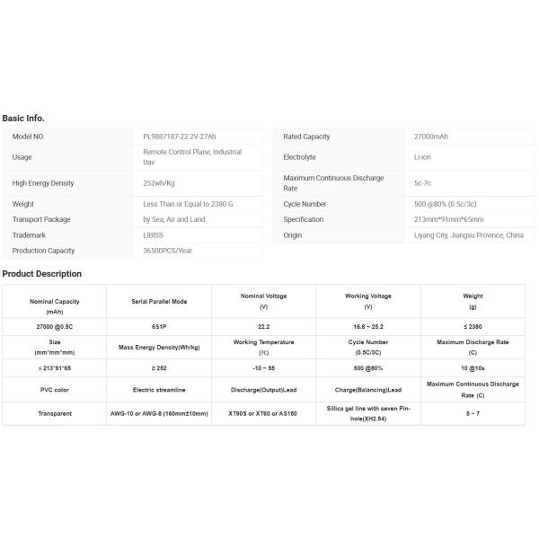 22.2V 27000mAh Batería de estado sólido 270A Corriente de descarga Células NCM