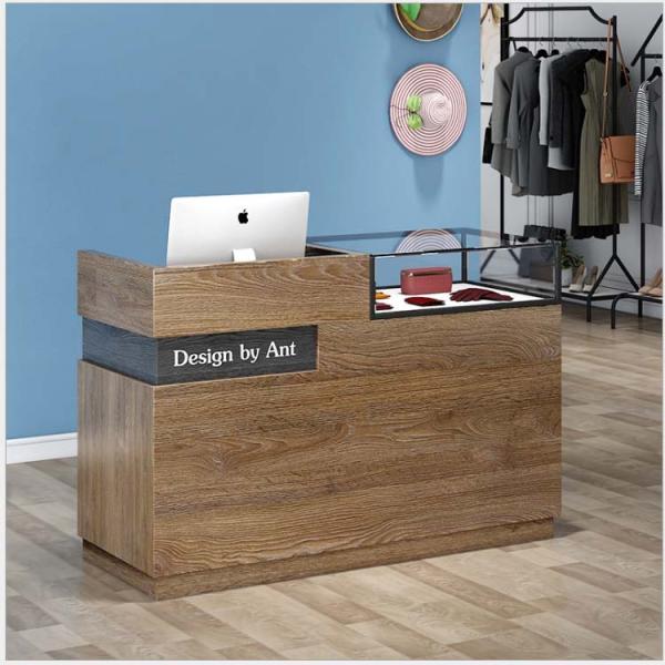 Retailer Shops Modern Wood MDF Checkout Reception Desk with Glass Box Checkout Counter
