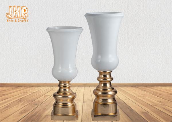 Contemporary Glossy White Fiberglass Planters Gold Leaf Pedestal Base For Wedding