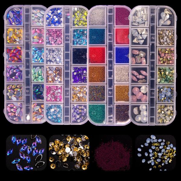 12 Grid Rhinestone Nail Stones Crystal Multi Shape Glass Diamonds Nails Art