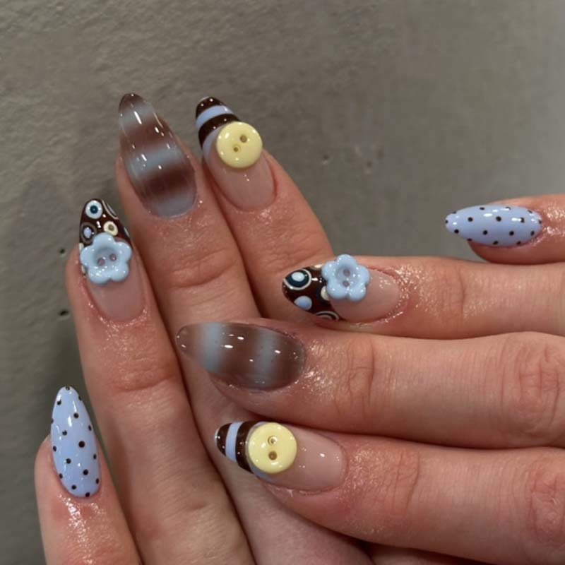 FDA Almond 3D Nails Cute Retrobutton Flower Bright Polka Dot Nails