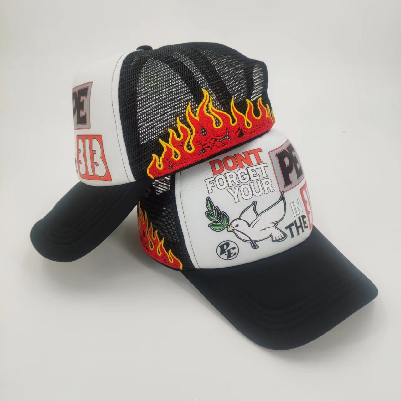 Patch Fire Flame Custom Embroidery Trucker Hats Pattern Mesh Foam Snapback Gorras With Flame Print Cute 5 panel
