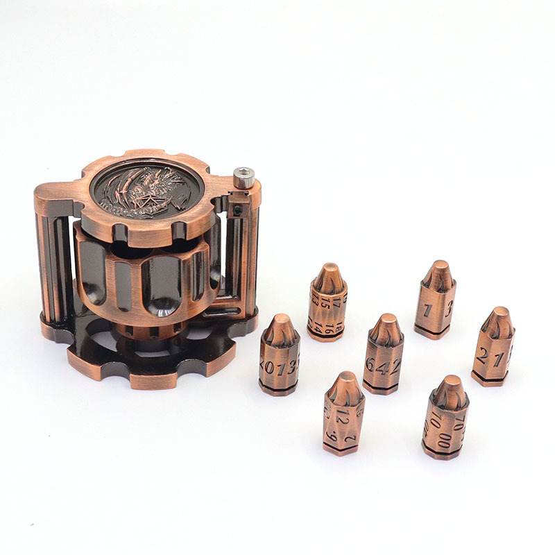 Rotatable Revolver Cylinder Metal Polyhedral Dice Set with Antique Copper Zinc Alloy and Bullet-Shaped RPG Game Dice