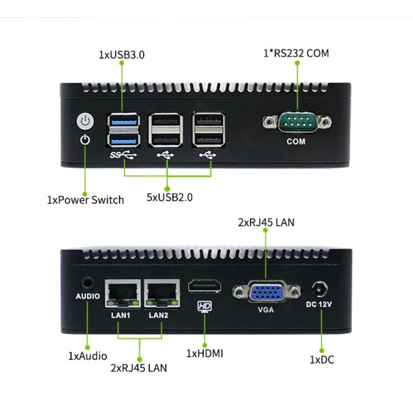 Quad Core J1900 Mini PC with Dual Display and 12V Power Supply Fanless Industrial Computer Barebone System