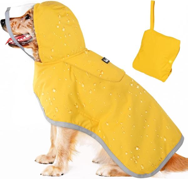 Dog Waterproof Raincoat with Poncho Hoodie, High Reflective Adjustable Yellow Pet Rain Jacket with Leash Hole