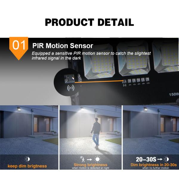 Réflecteur solaire efficace, 150W, en aluminium noir, étanche IP65, idéal pour l'éclairage extérieur