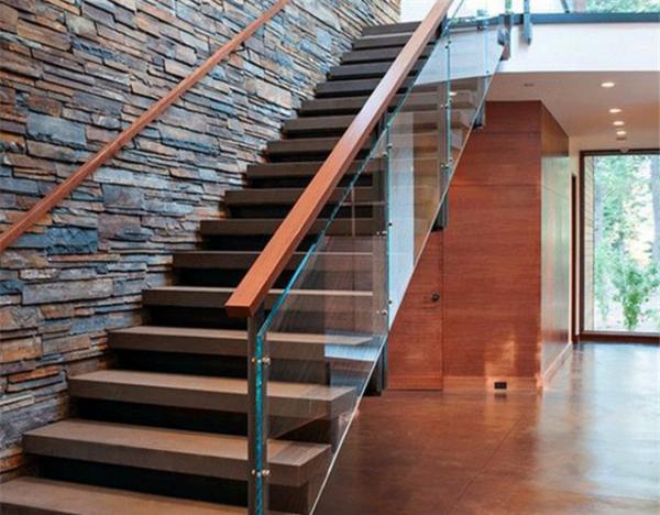 Wooden Tread Railing Building Floating Stairs , Floating Glass Staircase With Top Handrail