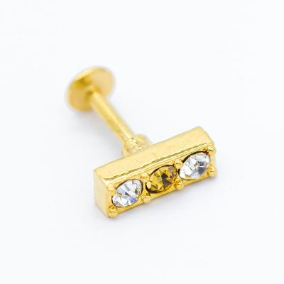 Three Crystal Gems 16G Labret Piercing Jewelry Gold Body 316L Stainless Steel
