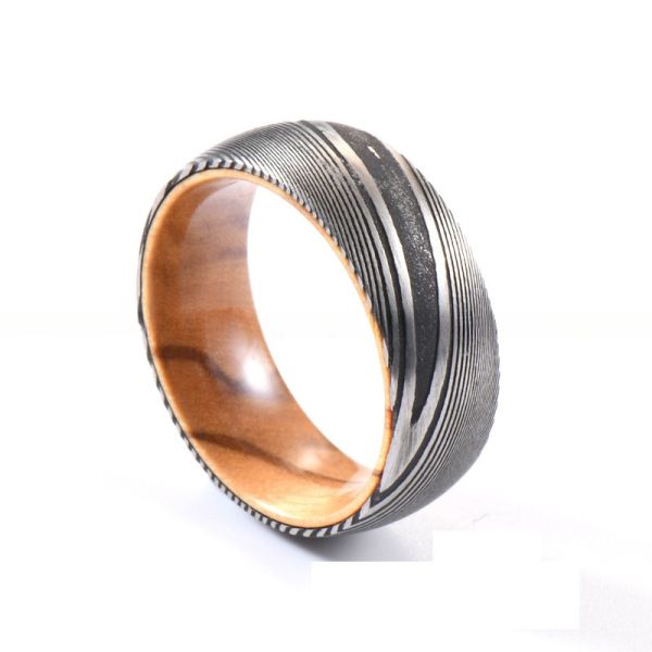 8mm Dome Latest Damascus Steel Ring With Olive Wood Sleeve Inlay for Men's Wedding Bands or Rings Third Party Appraisal
