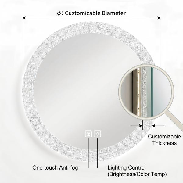 Kingstin Smart Round LED Bathroom Mirror, Frameless Crushed Diamond Edge, 3 Color Dimmable, Anti-Fog Wall Makeup Mirror