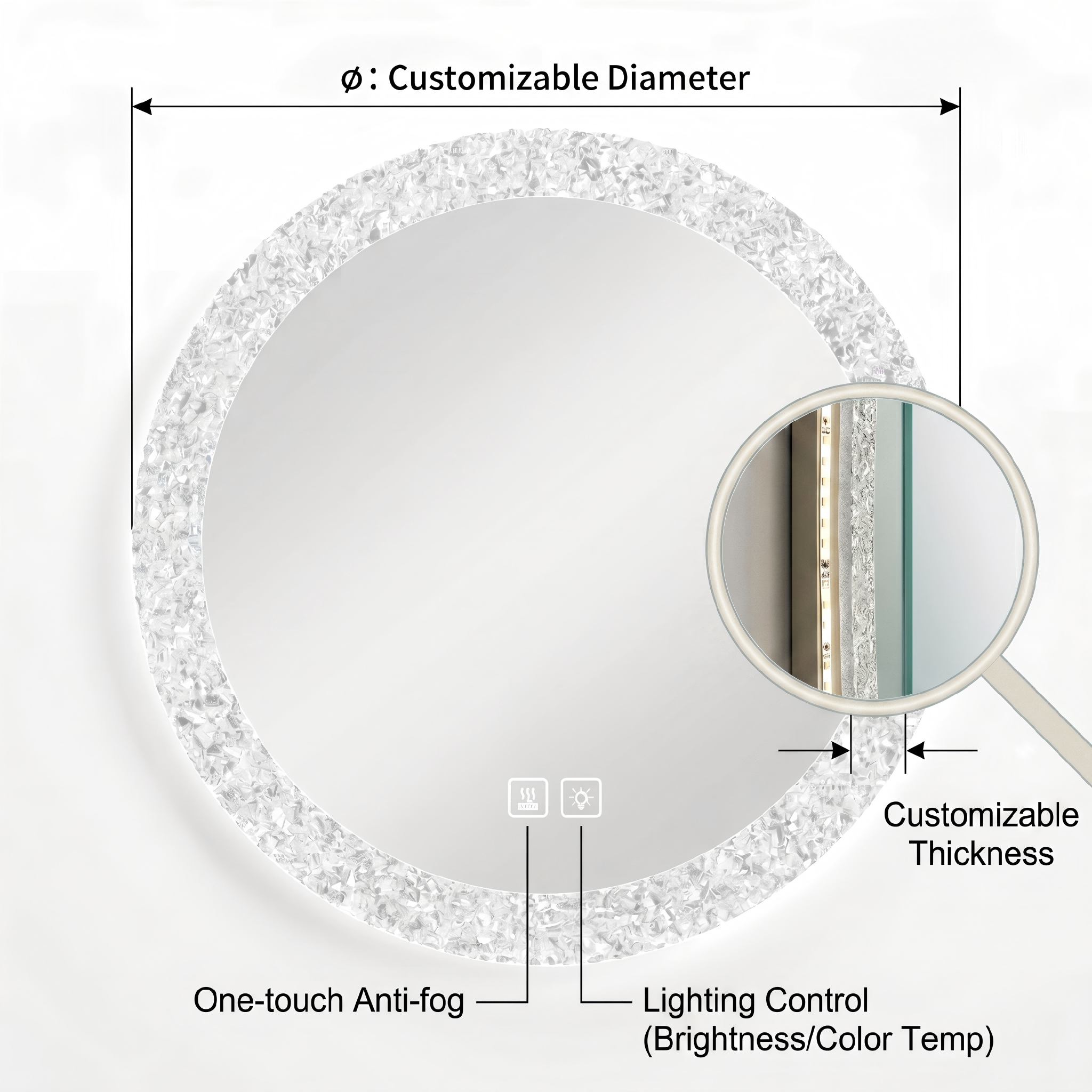 Kingstin Smart Round LED Bathroom Mirror, Frameless Crushed Diamond Edge, 3 Color Dimmable, Anti-Fog Wall Makeup Mirror