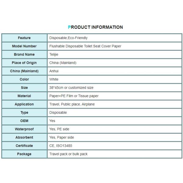 White Travel Size ISO13485 Disposable Toilet Seat Liners