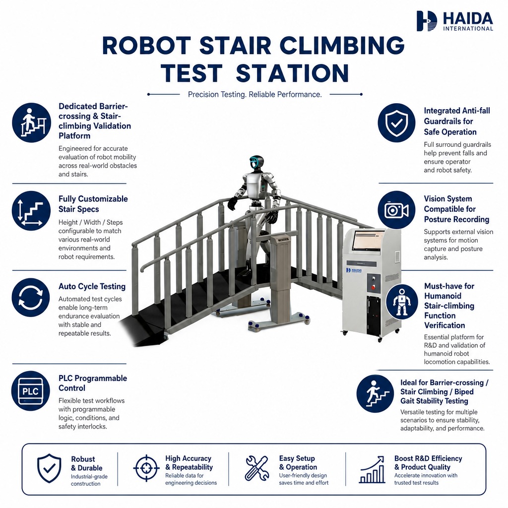 Robot Stair Climbing Test Station Stair Climbing Testing Equipment Customizable Stair Specs PLC Control Anti Fall Guardrails