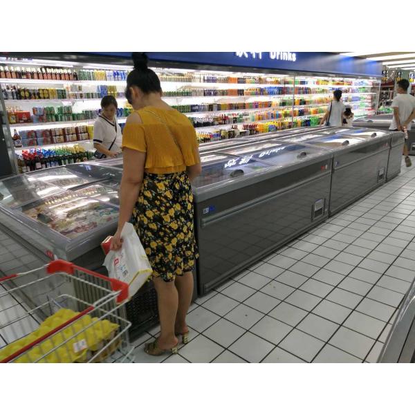Замораживатель острова супермаркета глубокий для замороженных продуктов с жарой - отражая стекла