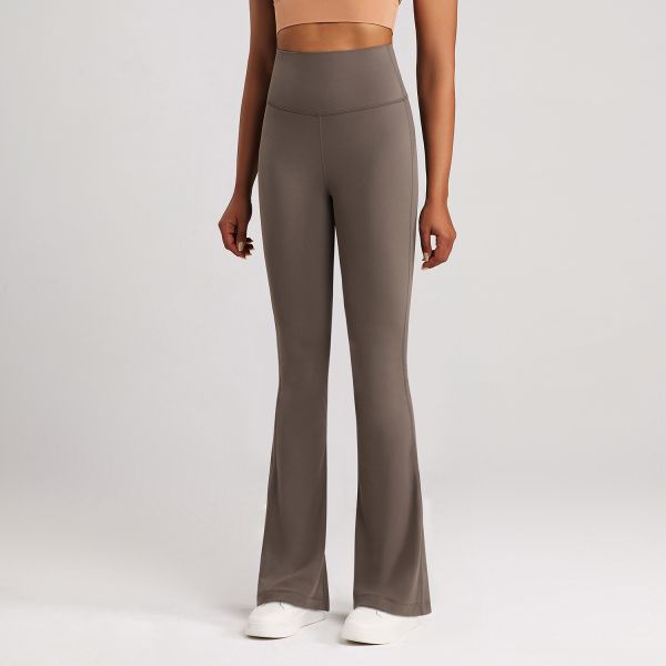 Women's High Waisted Long Yoga Pants Taupe Color Buttery Soft Fabric Flared