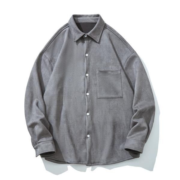 Men's Winter 2023 Suede Solid Color Long Sleeve Shirt with Pockets and Loose Fit Style