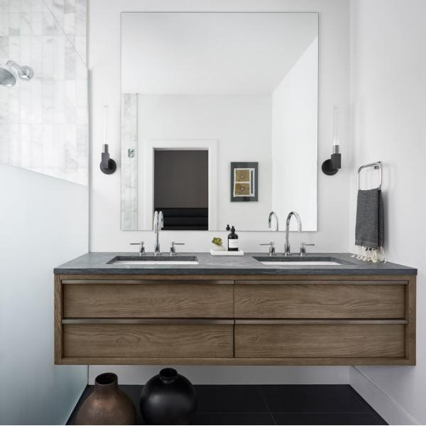Wall Mounted Melamine Bathroom Vanity Cabinet Handless Modern Waterproof Dark Wooden