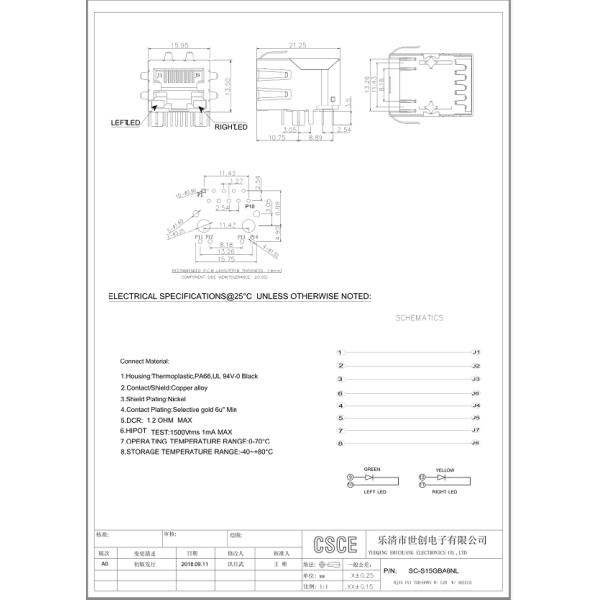 Metal Shielded Magnetic RJ45 Jack Black Color Hipot Test 1500Vrms 1mA Max
