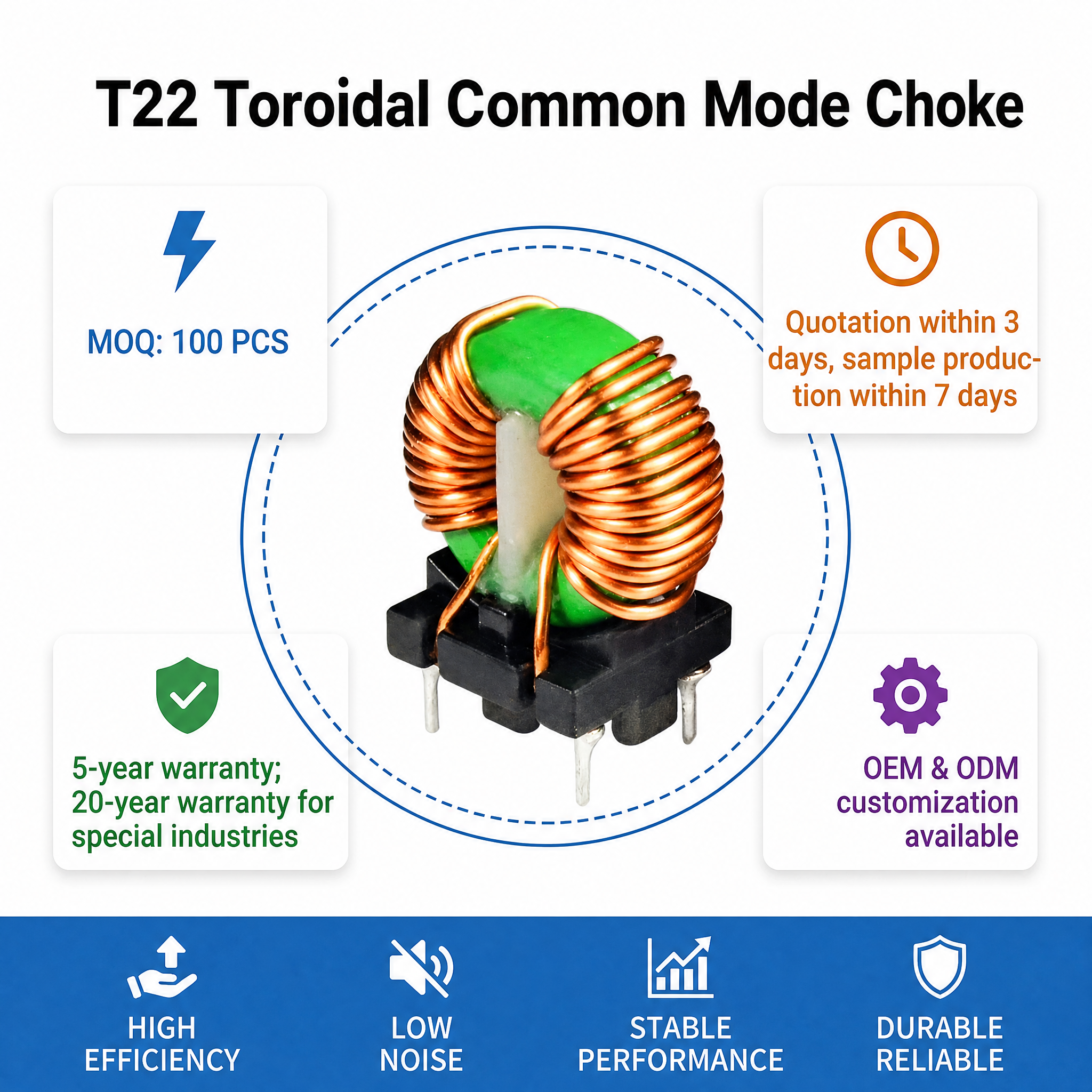 T22 Custom Magnetic Core PFC Inductor Compact 4 Pin Base EMI Power Choke