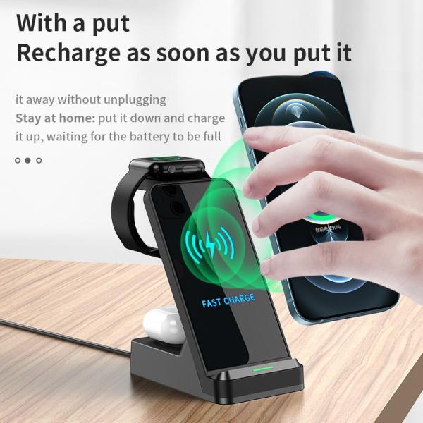3 In1 Fast Qi Wireless Charger Holder 15w Magnetic Charger for Mobile Phone Iwatch Custom Led Logo and 5V/2A Output