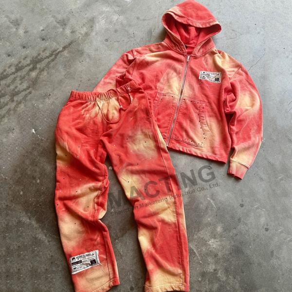 Vintage Sun Faded Acid Wash Tracksuits Custom Rhinestone Distressed Hoodie And Sweatpants Set