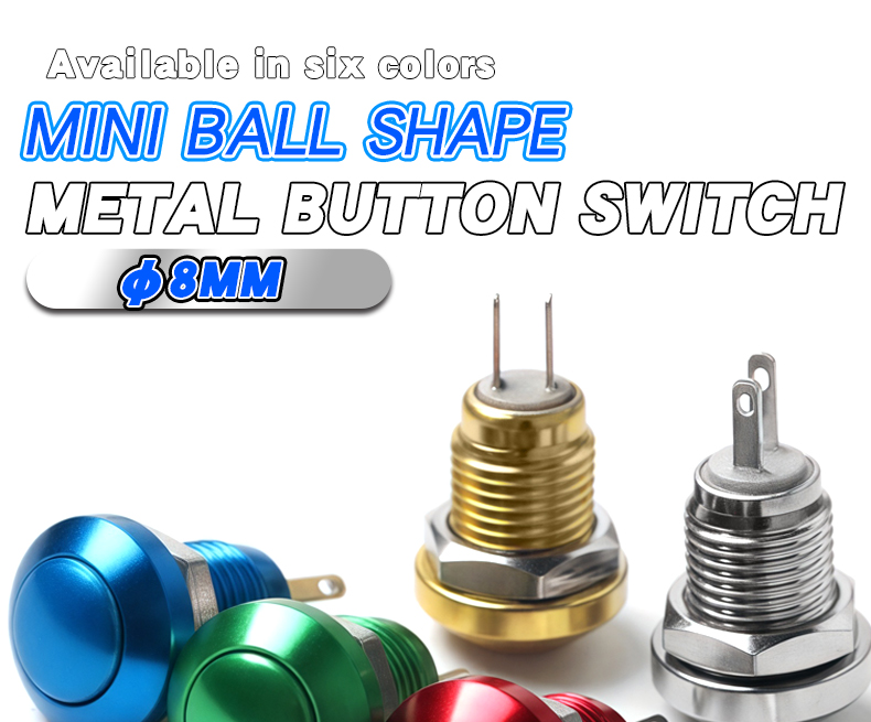 8mm Mini Colourful Aluminum Push Button Switch IP65 Waterproof Momentary Ball Head 2Pins Red Green Yellow Blue Black Silver