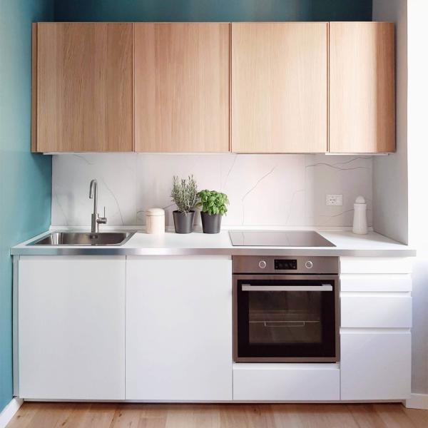 Durable Small Melamine Kitchen Cabinet White Wood Texture Mini Kitchen Cabinet Handless Design