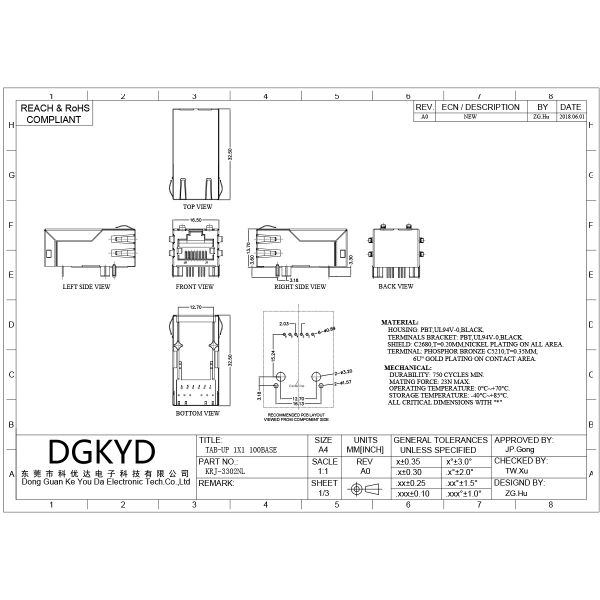 Customized 1000M 33.0mm Single Port 6 Pin Rj45 Connector with Transformer / Leds KRJ-3302NL