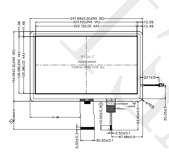 LVDS интерфейс 10,1 дюйма TFT LCD 1024 * 600 точек с емкостью сенсорного экрана