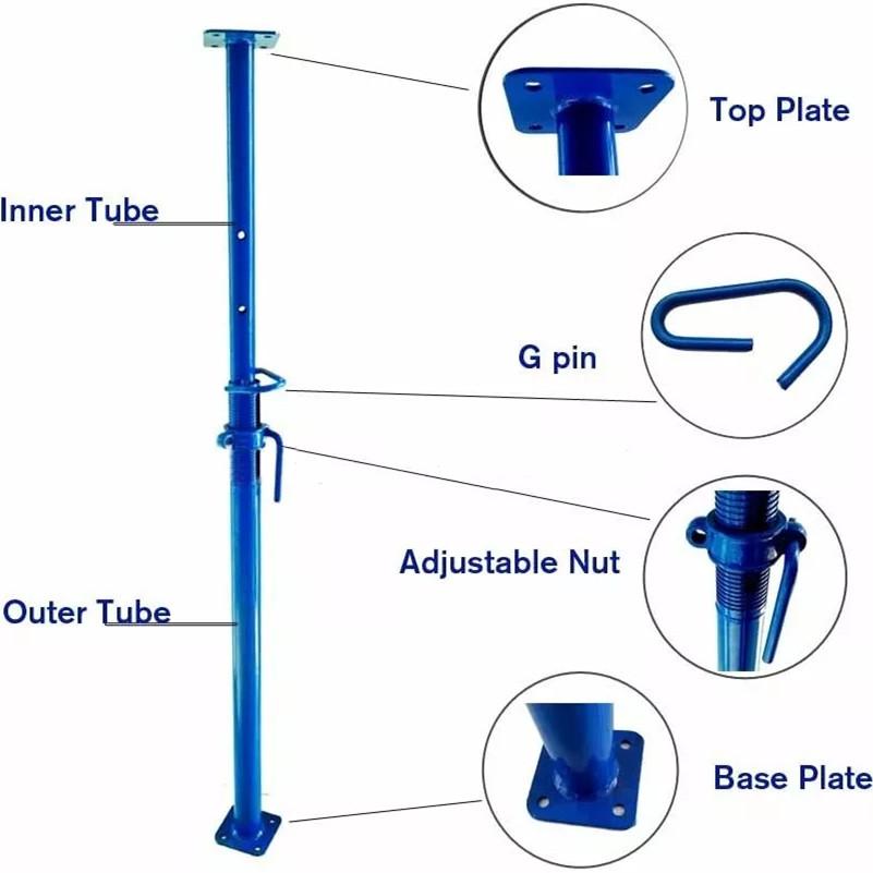 Adjustable Steel Prop with 500 kg Weight Capacity Secure Hook Locking System and External Thread Wing Nut Adjustment for Concrete Formwork