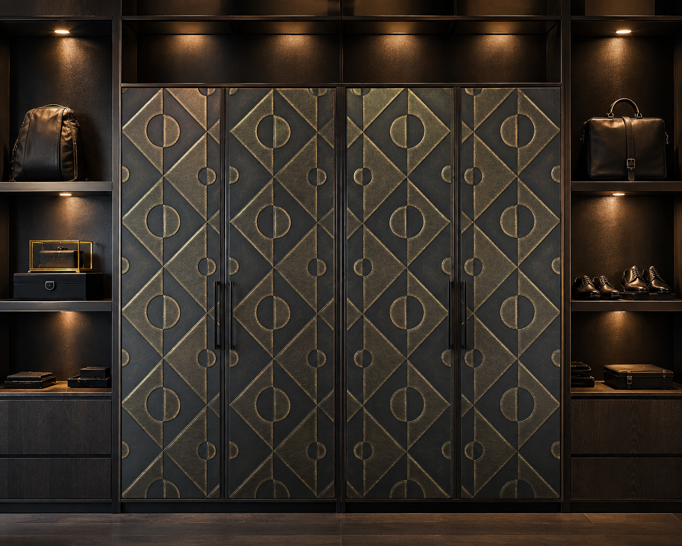 Geometric Circle & Diamond Pattern Decorative Stainless Steel Sheet with Antique Gold-Black PVD Coating and Scratch-Resistant Surface
