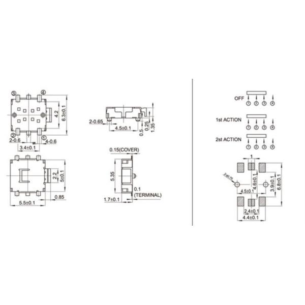 6 PIN Terminal Double Action Tactile Switch 5 X 5.5 Mm Size 300g Operating Force