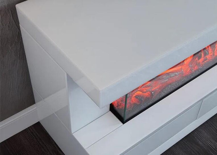 JS-FP03 Super White Mirrored Glass Electric Fireplace TV Stand with 3D Realistic Flame Effect and Free-Standing Mantle Structure