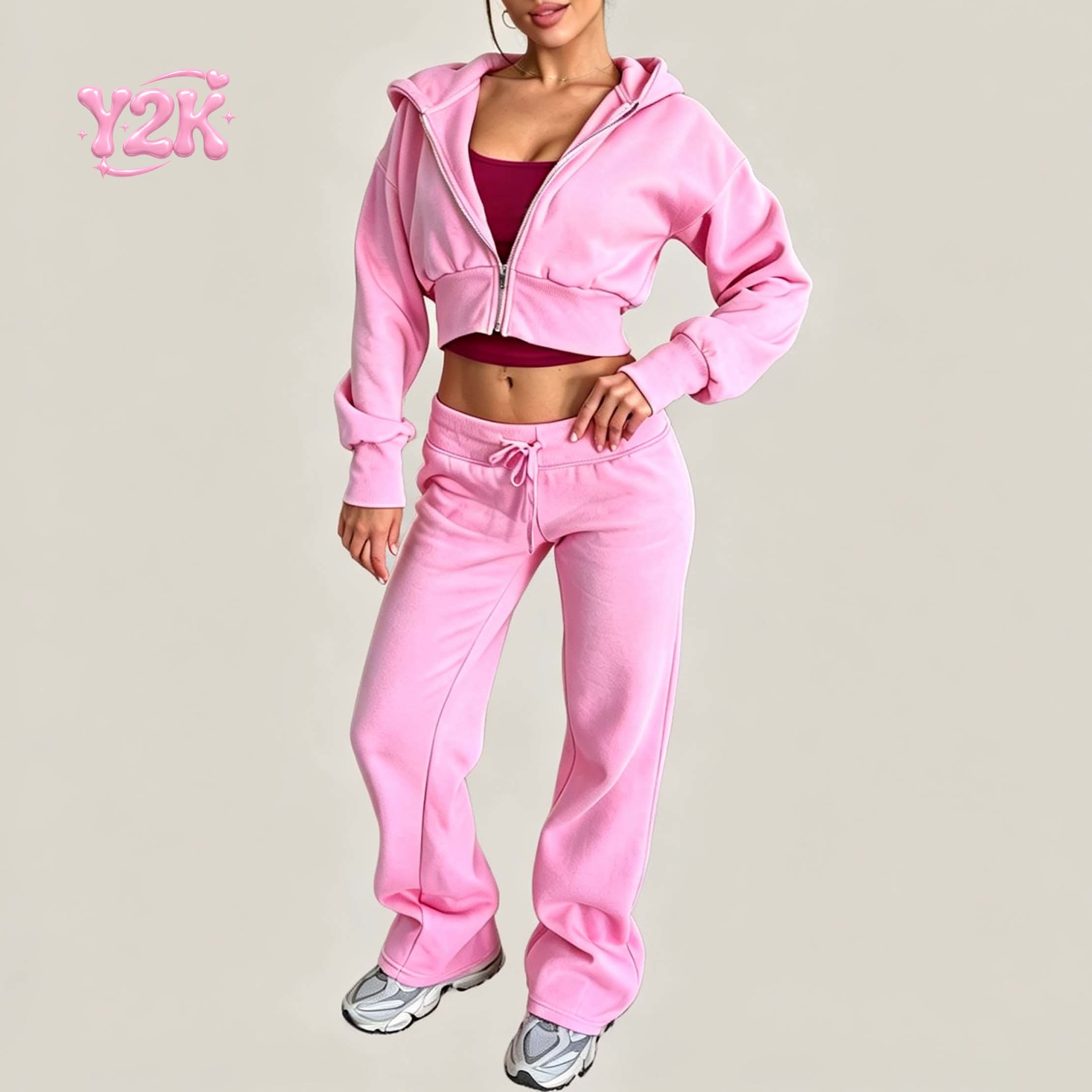 Custom Pink Cropped Zip Up Hoodie & Wide Leg Sweatpants Set