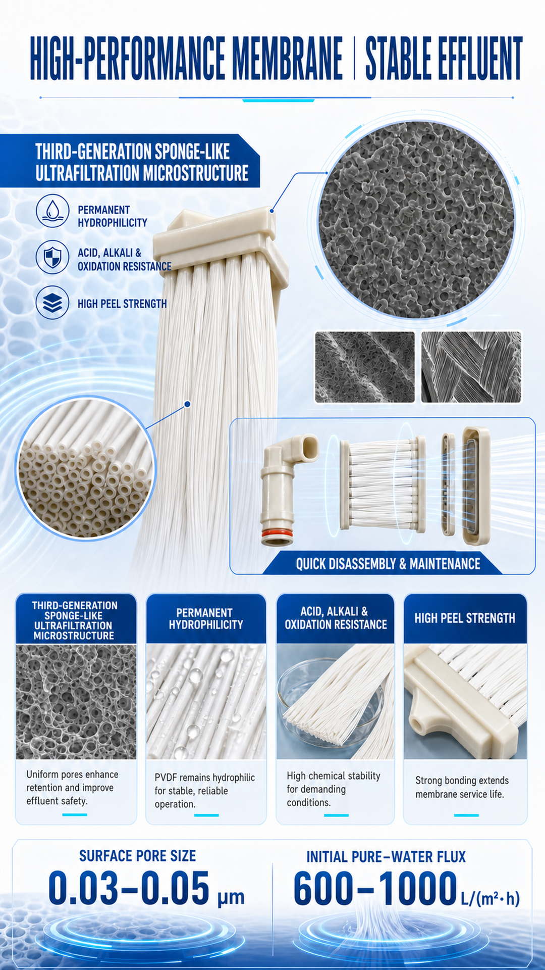 Municipal wastewater MBR membrane module PVDF hollow fiber, traceable curtain coding, one-stop supply and after-sales support.