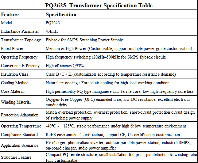 PQ2625 4.4mH High Frequency Flyback Transformer SMPS Switching Power Supply Ferrite Core Transformer Customized