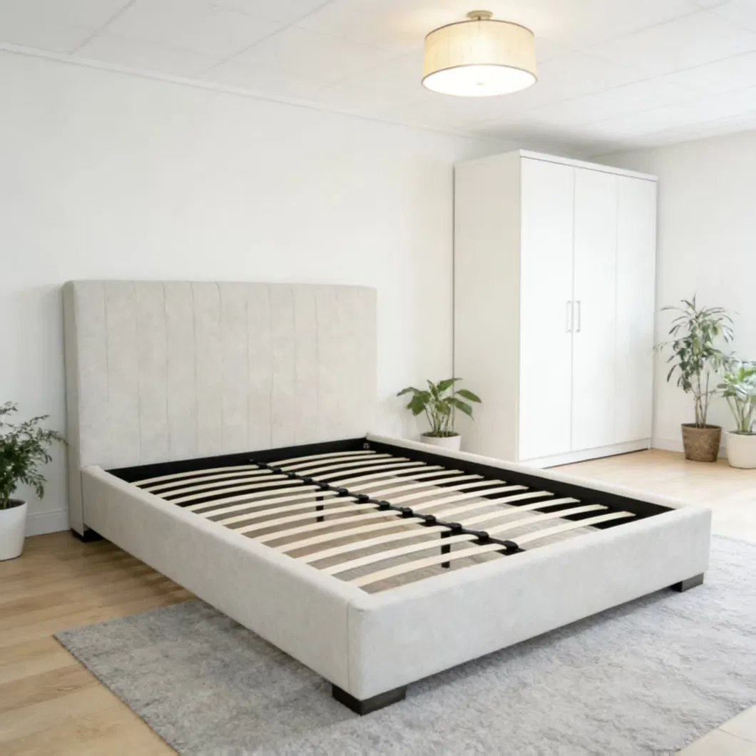 Queen Size Cream White Velvet Upholstered Platform Bed Model