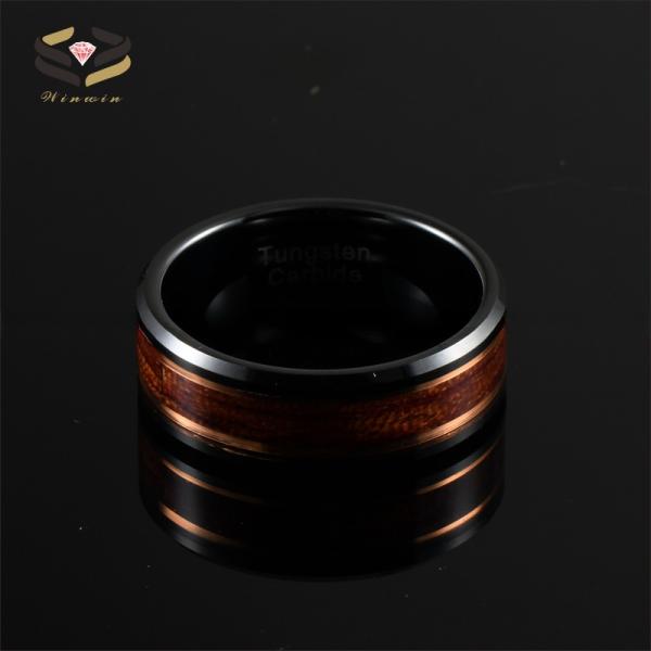 8mm Rose Gold Line and Rosewood Inlay Black Tungsten Carbide Men's Wedding Ring with Third Party Appraisal Certificate