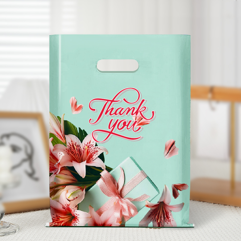 Colorful Printed PE Die‑Cut Handle Bag, Thank You Plastic Shopping Bag, Custom Printed Retail Merchandise Packaging Bag for Boutique, Gift & Apparel