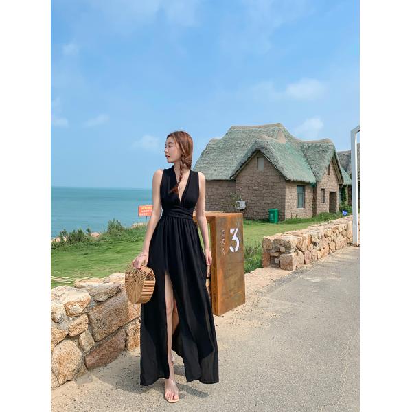 Backless Tie 136cm Black Chiffon Beach Dress V Neck Halter Strap Split