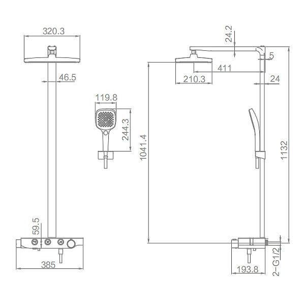 Thermostatic Rainfall Bath Shower Mixer Set D 411mm H 1132mm