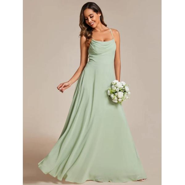 Boat Neck Empire A-line Ruffled Adjustable Spaghetti Strap Zipper Dusty Blue Chiffon Prom Dress