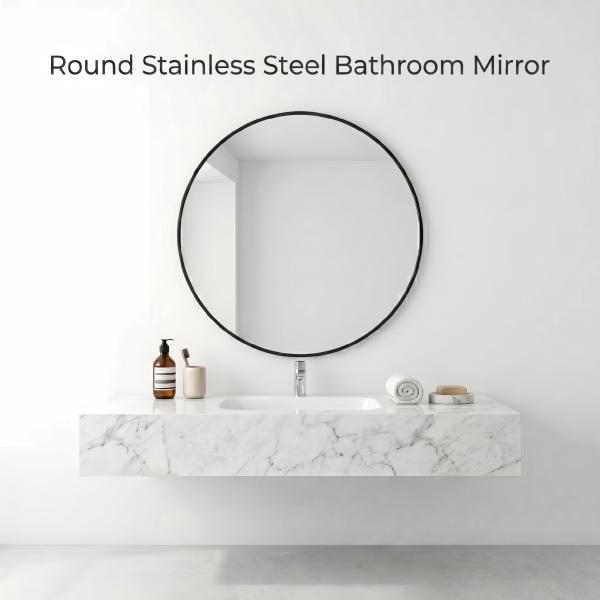Kingstin Minimalist Round Stainless Steel Bathroom Mirror - Premium Finish & Custom Sizes Wall Mounted Vanity Mirror