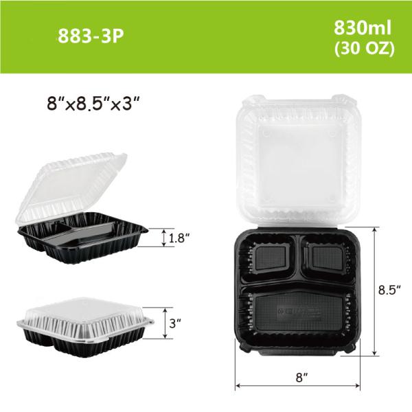 Transparent/ Black Transparent Disposable Food Box Microwave Safe Feature,PP Hinged Lid Clamshell Container,8”x8.5”x3”