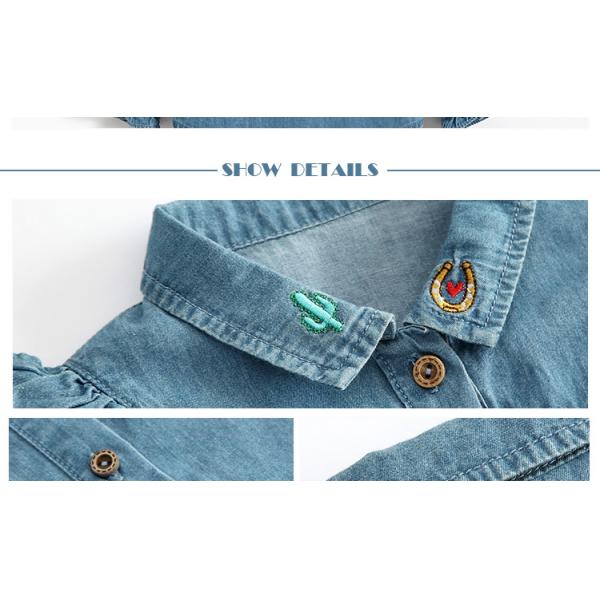 100% Cotton Children Slim Fit Long Ruffles Sleeve Denim Tops With Wood Button Closure