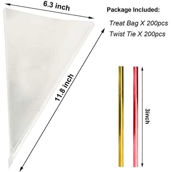 200 PCS Clear Customizable Size Cone Treat Bags with Twist Ties and Gravure Printing for Handmade Cookies