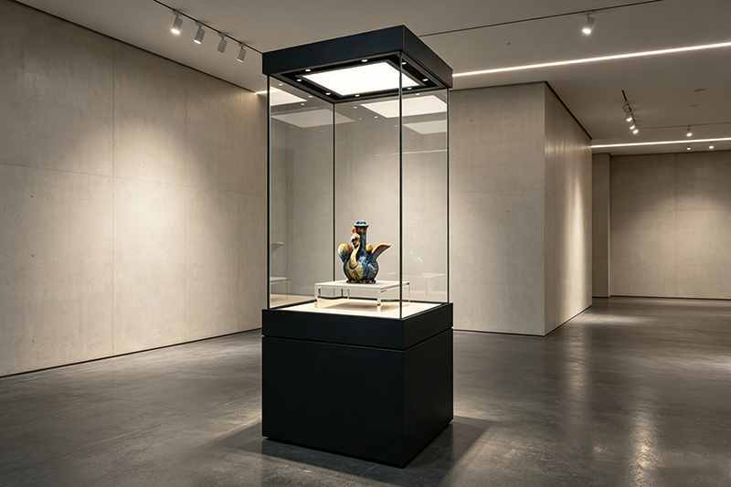 Museum Pedestal Vitrine with Anti-Reflective UV-Filter Glass, Built-in Storage Base, and Multi-point LED Lighting